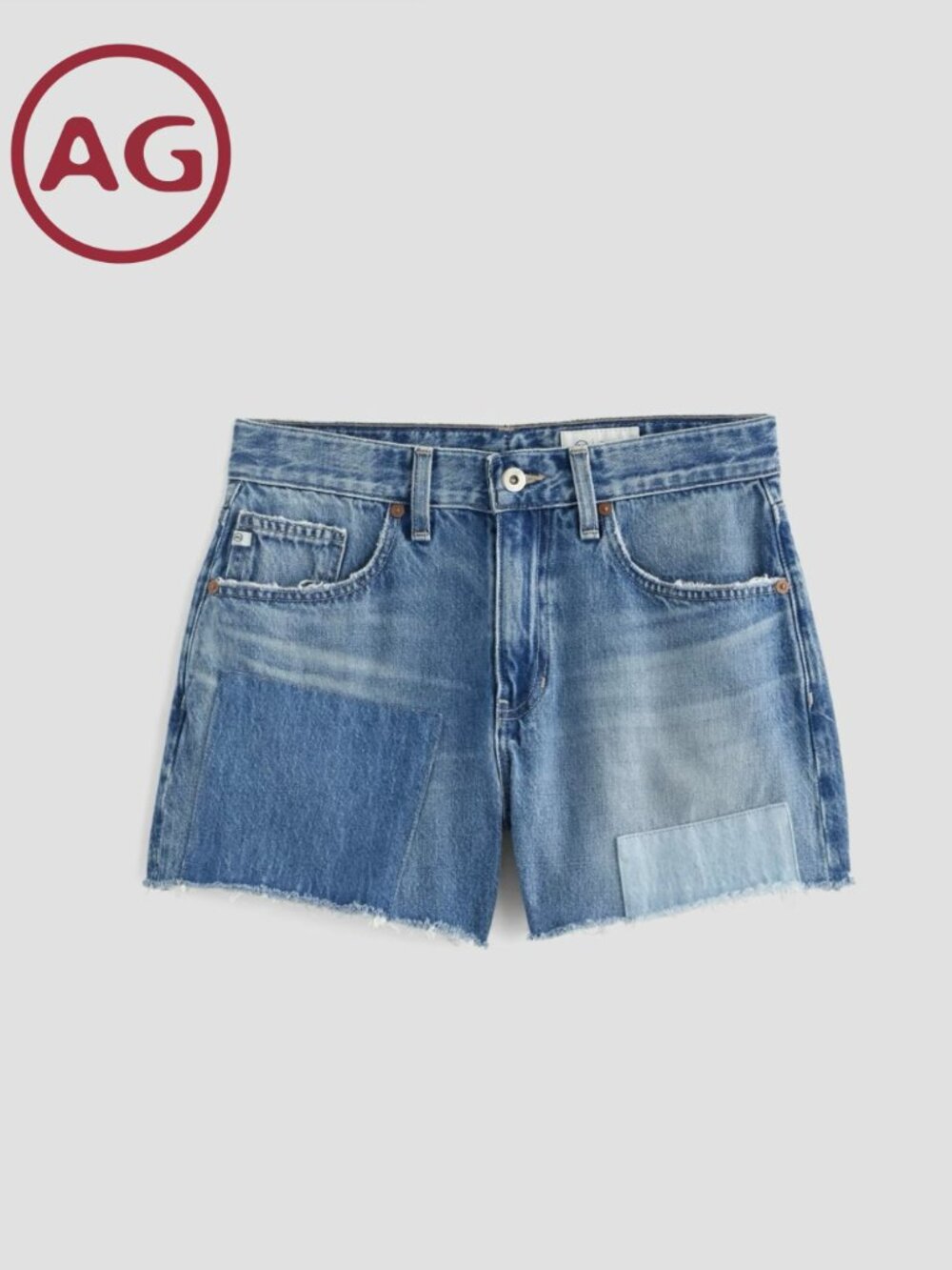 AG JEANS HALLE HIGH RISE PATCHWORK CUT-OFF DENIM JEAN SHORTS SZ 33 NWT